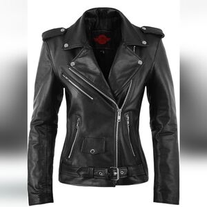 Alpha Cycles Women's Black Leather Biker Jacket Size Large